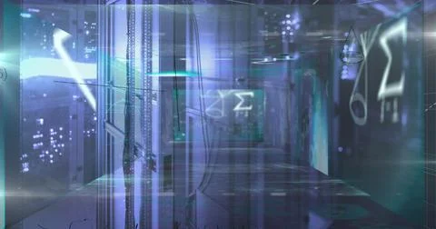 Image of prismatic ring, processing data and maths calculations over computer Stock Photos