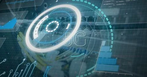 Image of processing circle and 5g over computer wires Foto stock