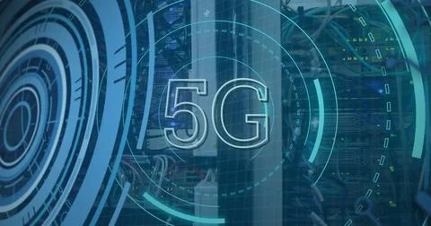 Image of processing circle and 5g over computer wires Stockfoto's
