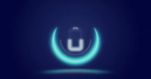 Image of processing circle and battery level over navy background Stock Photos