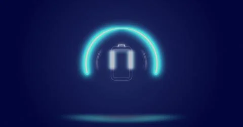 Image of processing circle and battery level over navy background Stock Photos