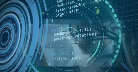 Image of processing circle and binary code over hands of caucasian male doctor Stock Photos