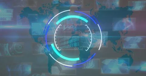 Image of processing circle and changing numbers over diverse data and world map 스톡 일러스트