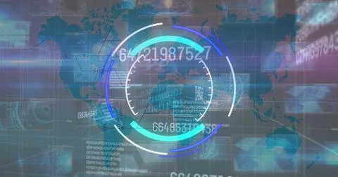 Image of processing circle and changing numbers over diverse data and world map Ilustração Stock