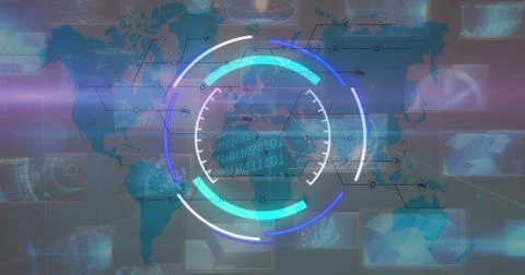 Image of processing circle and changing numbers over diverse data and world map Stock Illustration