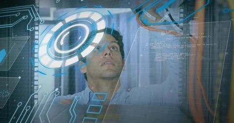 Image of processing circle and data over caucasian man checking servers Stockfoto's