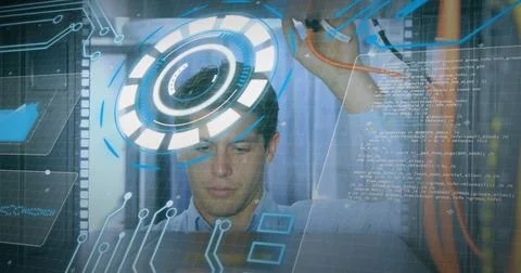 Image of processing circle and data over caucasian man checking servers Stock Photos