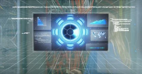 Image of processing circle and data over caucasian woman checking servers Stockfoto's