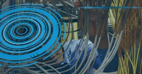 Image of processing circle and data over caucasian man checking servers Stockfoto's