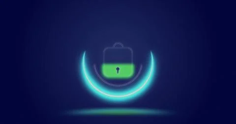 Image of processing circle and digital padlock over navy background Stock Photos