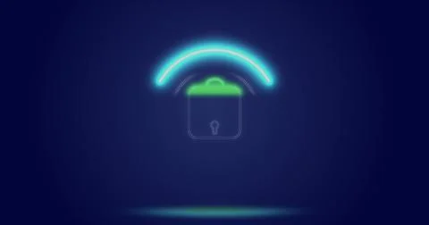 Image of processing circle and digital padlock over navy background Stock Photos