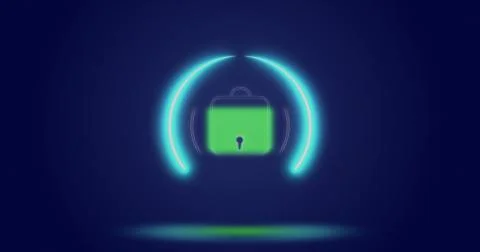 Image of processing circle and digital padlock over navy background Stock Photos