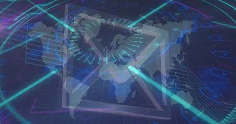 Image of processing circle and email icon over world map on navy background Stock Illustration