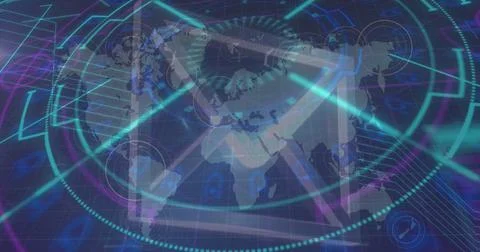 Image of processing circle and email icon over world map on navy background Stock Illustration