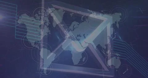 Image of processing circle and email icon over world map on navy background Ilustração Stock