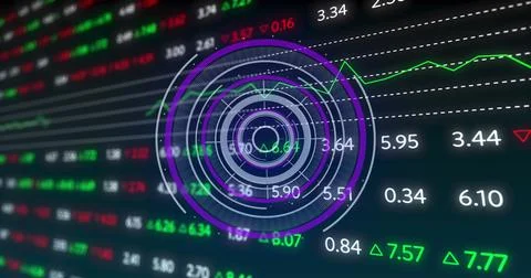 Image of processing circle and financial data on black background Illustrazione stock