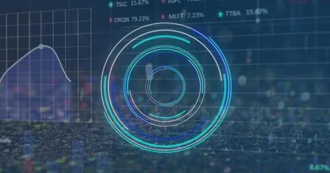Image of processing circle and financial data on navy background Stock Photos