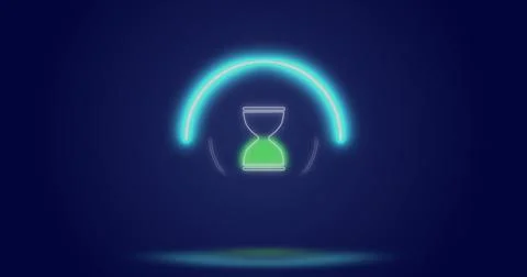 Image of processing circle and hourglass over navy background Stock Photos