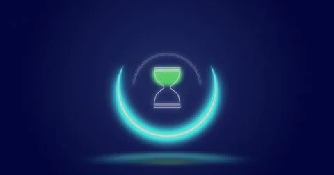 Image of processing circle and hourglass over navy background Stock Photos