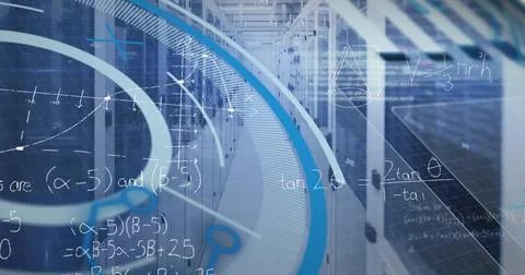 Image of processing circle and math formulas over servers Stock Photos