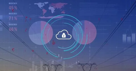 Image of processing circle and over statistic data icons on office in background Stock Photos