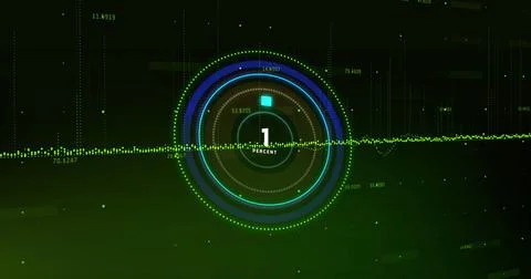 Image of processing circle and uploading on black background with green graph Illustrazione stock