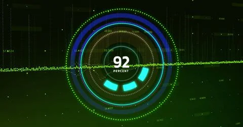 Image of processing circle and uploading on black background with green graph Illustrazione stock