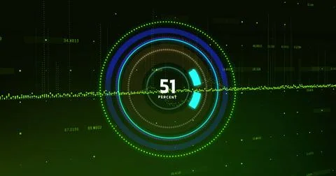 Image of processing circle and uploading on black background with green graph Illustrazione stock