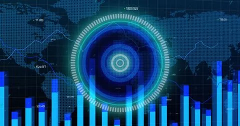 Image of processing circle, data and world map on black background Stock Illustration