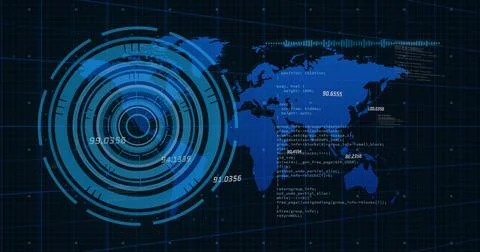 Image of processing circle, data and world map on black background 写真素材