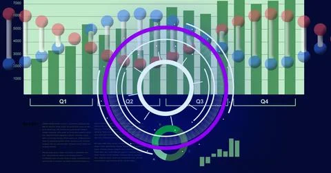 Image of processing circle on dna chain, scientific graph and data Stock Illustration