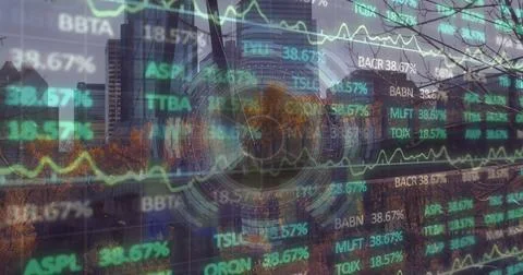 Image of processing circle, financial data and graphs over cityscape Stock Photos