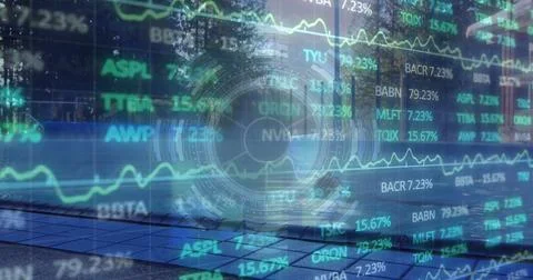 Image of processing circle, financial data and graphs over caucasian man in Stock Photos