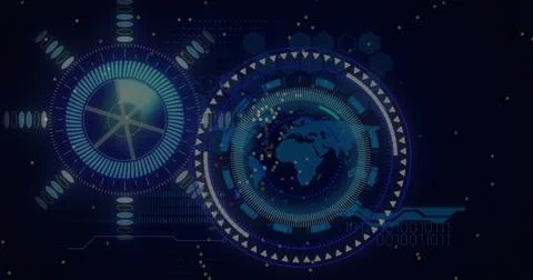 Image of processing circle, globe and dots moving on black background イラスト素材