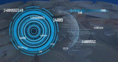 Image of processing circle, globe, graphs and numbers on digital screen Stock Photos