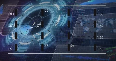 Image of processing circle, graphs and financial data on digital screen Stock Photos