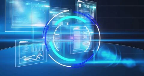 Image of processing circle moving over scientific graph and data Stock Illustration