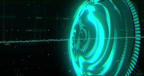 Image of processing circle over black background with green graphs Illustrazione stock