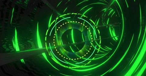 Image of processing circle over black screen with tunnel made of green circles Stock Illustration