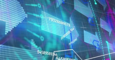 Image of processing circle over changing numbers and arrows on navy background, Foto stock