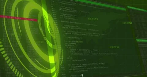 Image of processing circle over data processing on green background Stock Photos