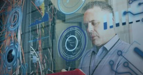 Image of processing circle over data and caucasian man checking computer wire Stock Photos