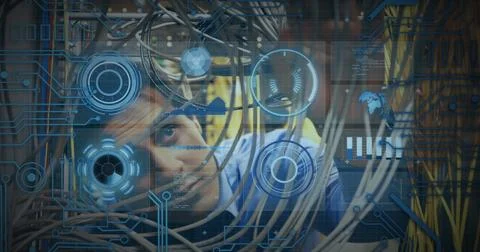 Image of processing circle over data and caucasian man checking computer wires Stockfoto's