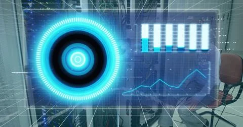 Image of processing circle over data and caucasian woman checking computer wires 스톡 사진