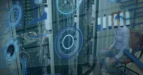 Image of processing circle over data and caucasian woman checking computer wires Stock Photos