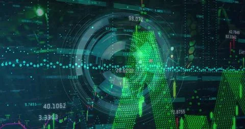 Image of processing circle over financial graphs on black background Stock Photos