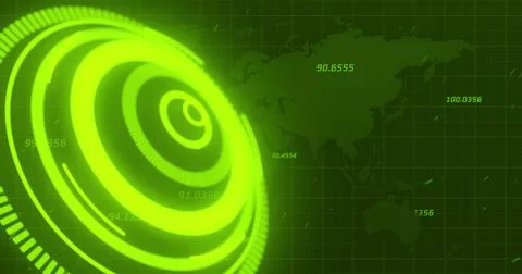 Image of processing circle over green background with world map Ilustração Stock