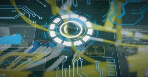 Image of processing circle over integrated circuit and computer wires Stockfoto's