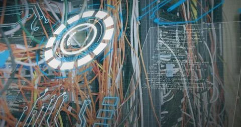 Image of processing circle over integrated circuit and computer wires Stockfoto's