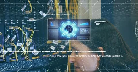 Image of processing circle over integrated circuit and computer wires Stockfoto's